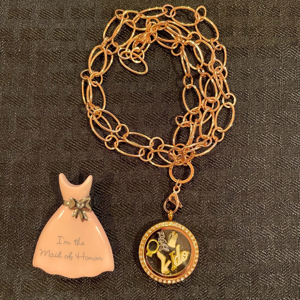 Pink Dress Maid of Honor Brooch Pin and Bride Charm Knecklace